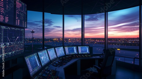 Twilight Control Tower: An atmospheric image of an air traffic control tower, filled with glowing screens and displays, overlooking a city as twilight descends.