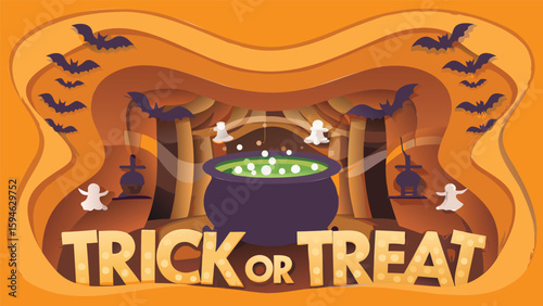 A layered halloween scene with bats, ghosts, a cauldron, and the words trick or treat displayed