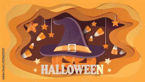 Halloween themed image with pumpkin witch hat candy corn and stars in orange and brown tones