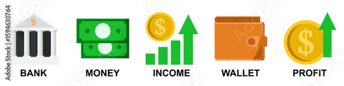Set of business icons vector including bank, money, income, wallet, and profit. Perfect for finance apps, economy infographics, accounting visuals, and online payment illustrations.