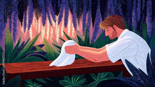 Man grieving on bench, wisteria backdrop, sunset