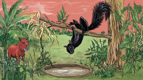 Black squirrel, peccary, jungle, sunset, waterhole, illustration, children's book