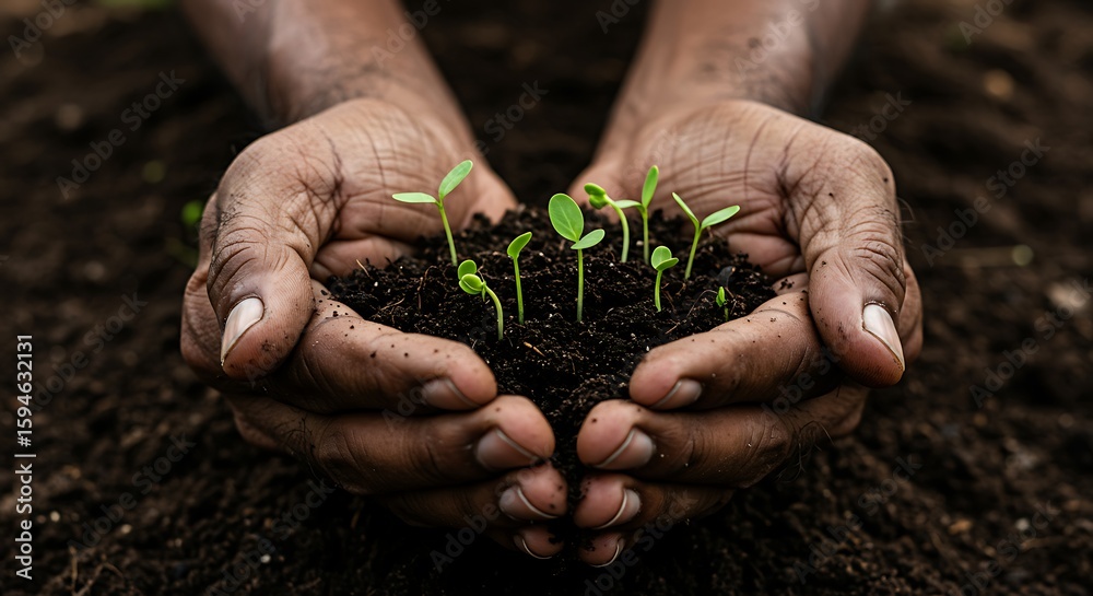Fototapeta premium Hands holding young plants in soil, symbolizing new life and growth