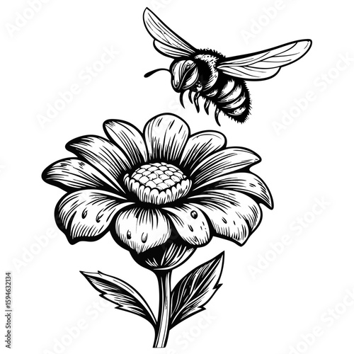 Bee pollinating flower in detailed black and white line art. Bee pollinating flower captures nature's intricate dance between insect and bloom, highlighting natural pollination process.