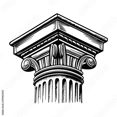 Classical column capital displayed with vintage engraving. The classical column capital shows precise details, spiraling volutes, and acanthus leaves. Evokes classical column capital illustration.