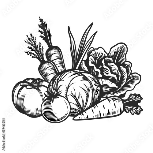 Farm fresh vegetables, including tomatoes, carrots, and cabbage in vintage engraving style. Farm fresh vegetables are harvested for market, bringing farm-to-table freshness from rural fields.
