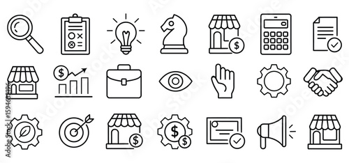 Business strategy icons set, Marketing, planning, investment, management, analysis, franchise, finance, certification, vision, teamwork, Line art vector illustration