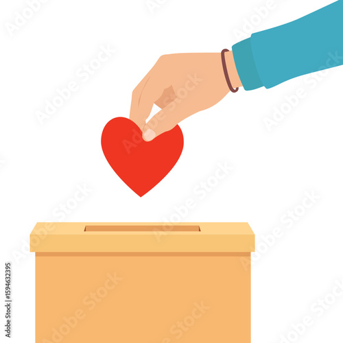Donation box and charity concept. Hand putting red heart to donation box
