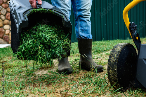 Murais de parede Man unloads mowed grass from a lawn's mower catcher into a wheelbarrow