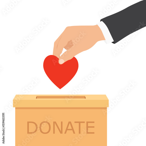 Donation box and charity concept. Hand putting red heart to donation box