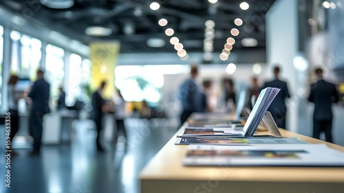 Modern Business Exhibition: A contemporary exhibition space filled with professionals interacting near informational materials. capturing an atmosphere of networking and information exchange.