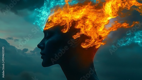 A mysterious human silhouette with glowing orange gas flowing into sky-blue currents above the face, photo-realistic texture and contrast.