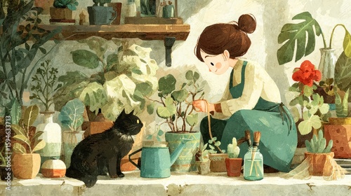 Woman tending plants with cat, cozy indoor garden scene