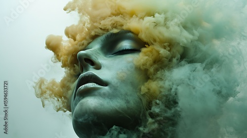 A photo-realistic surreal portrait with ochre and deep green smoke emanating from the upper face, blending into a soft gray background.