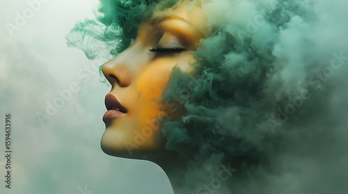 A photo-realistic surreal portrait with ochre and deep green smoke emanating from the upper face, blending into a soft gray background.