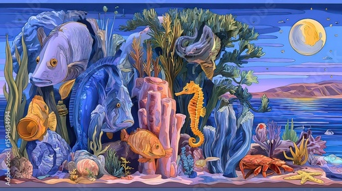 Nighttime Ocean Reef Fish Sea Life Panorama