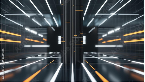 Abstract futuristic corridor with glowing lights and geometric patterns
