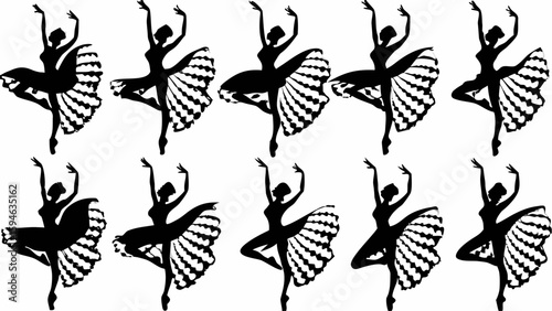 Silhouette illustration of ballerinas in various poses with tutu skirts arranged in a pattern design