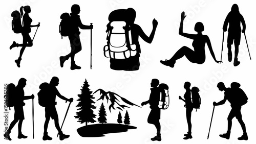 Silhouettes of hikers with backpacks and trekking poles in various poses against a white background space