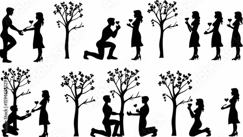 Silhouette of couples proposing and exchanging hearts near trees in a romantic setting design vector