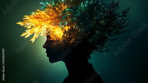 A surreal photo of a shadowy figure with amber and jade plumes replacing the upper head, skin finely textured and backlit.