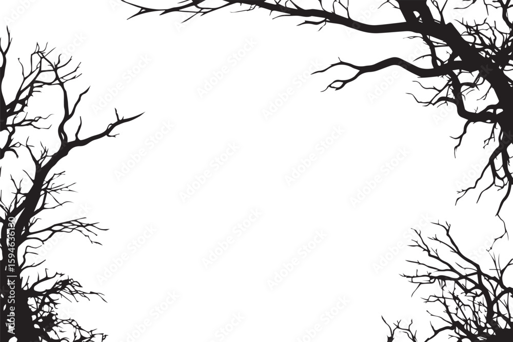 Fototapeta premium Bare tree branches silhouette against a black and white sky hint at winter's stark beauty