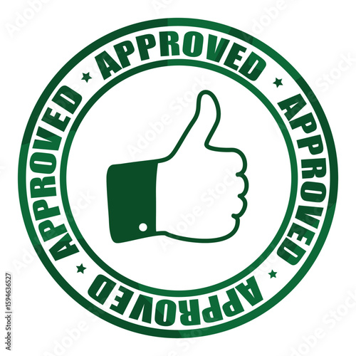 Green stamp or seal — round with text approved and thumb up