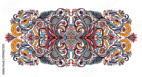 Ornate Floral Pattern with Symmetrical Design and Vibrant Colors