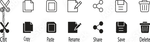 Cut, copy, paste, rename, share, save and delete simple icon symbol collection . Vector illustration .