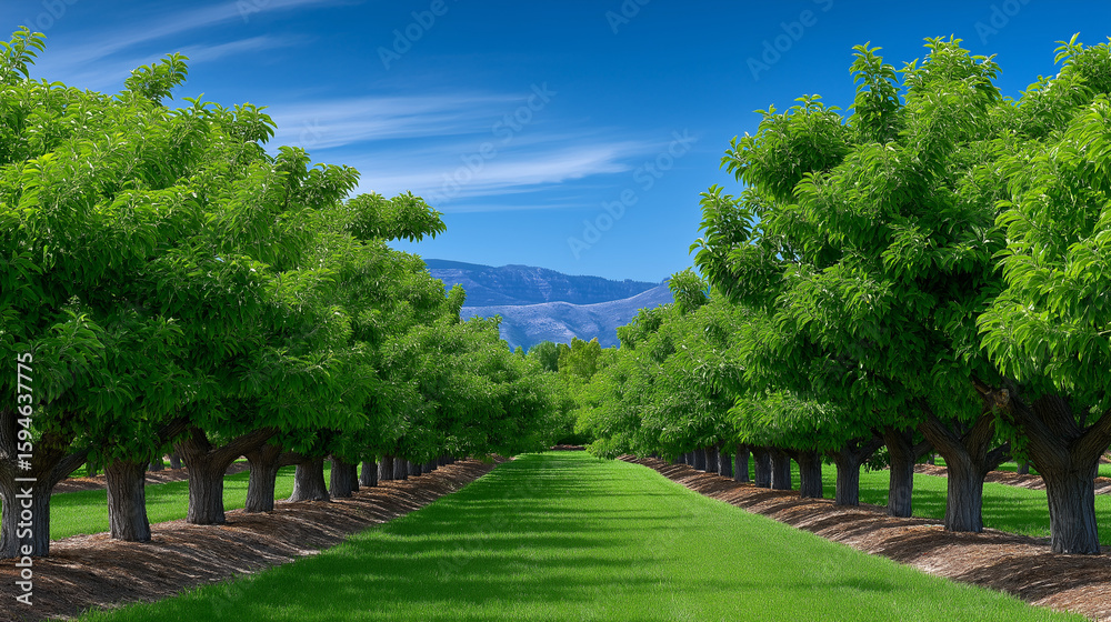 Healthy fruit trees in a sunlit orchard thriving in nature Healthy fruit trees in a sunlit orchard thriving in nature