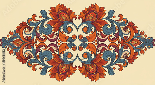 Symmetrical Floral Ornament with Intricate Details and Vibrant Colors
