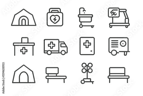 Emergency medical icons set featuring tent, ambulance, and equipment