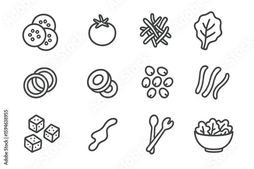 Minimalist black icons of vegetables and snack foods on gray background