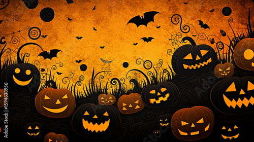 Halloween Pumpkins & Bats on Orange Grunge Background - Spooky Night