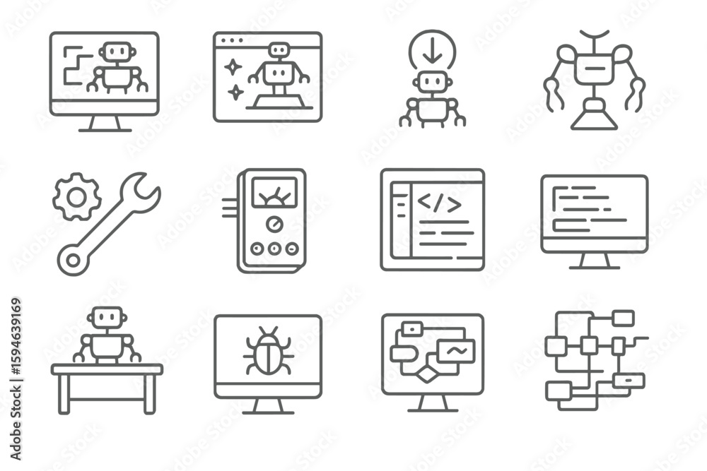 Fototapeta premium Robotics and ai icons on metallic background for technology concepts