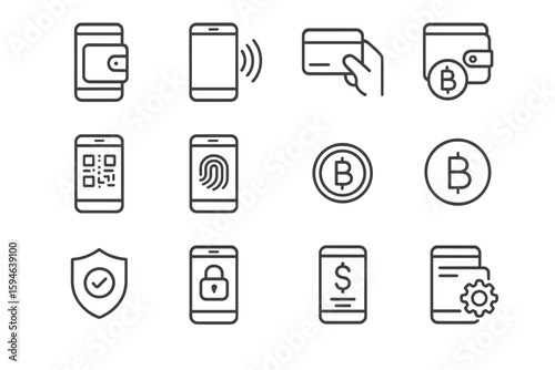 Digital payment icons featuring mobile and cryptocurrency symbols