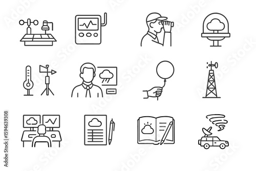 Weather forecasting icons collection with meteorological equipment and tools