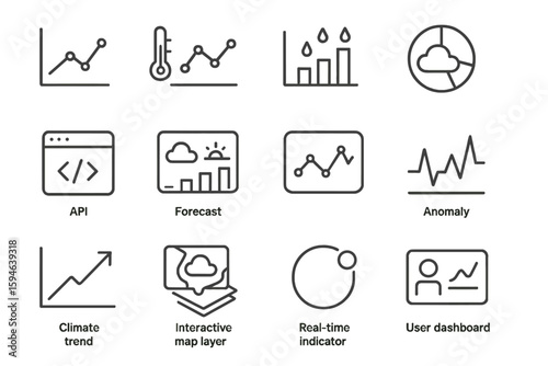 Weather data analysis icons for api, forecast, anomalies, and user dashboard