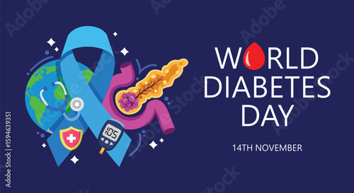 World Diabetes Day graphic with awareness ribbon, medical symbols, and date.