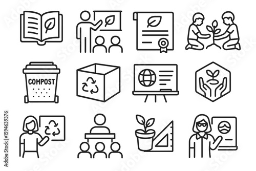 Eco education icons: sustainability, recycling, planting, learning, teaching