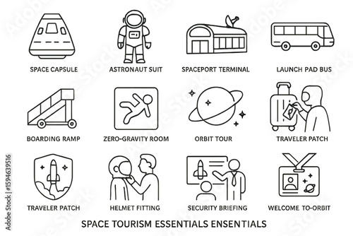 Space tourism essentials icons featuring travel, orbit, and zero-gravity activities