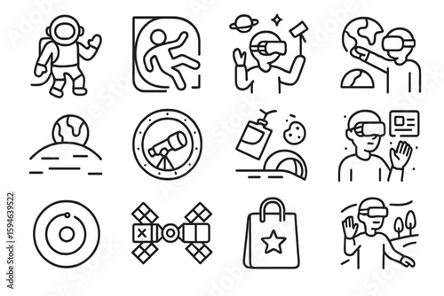 Outline icons of space exploration and virtual reality experience