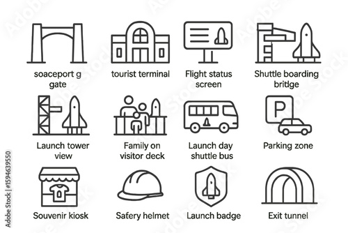 Spaceport icons: gate, terminal, shuttle, launch, parking, family, helmet, badge, tunnel