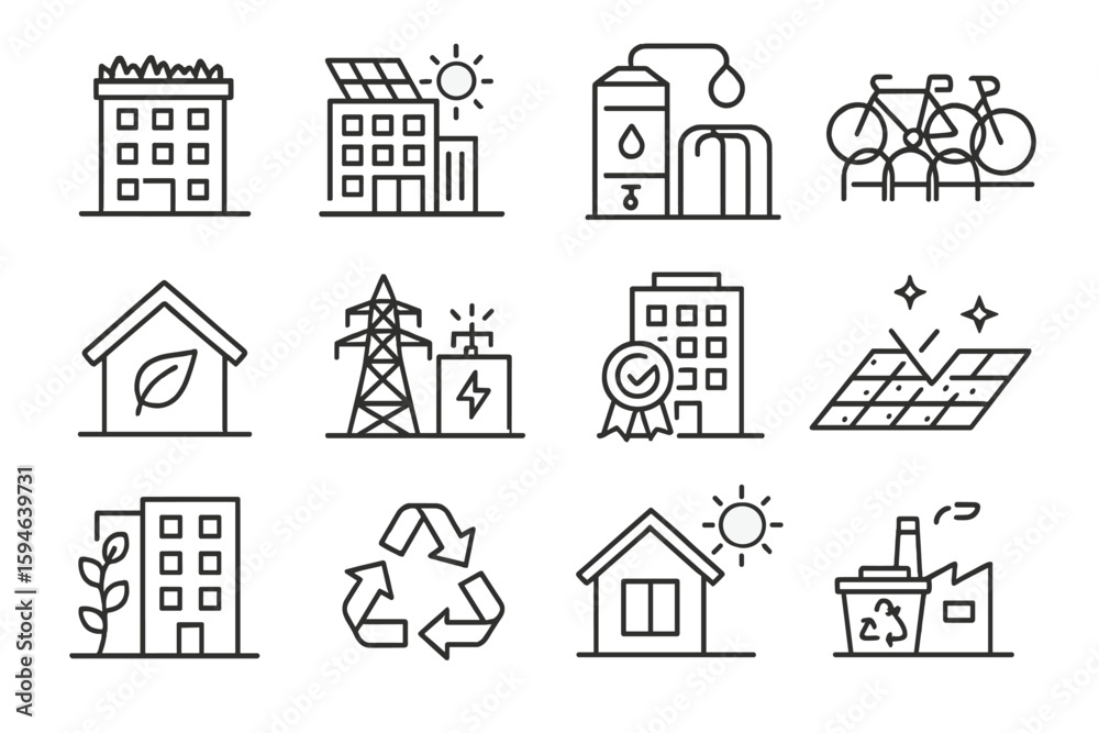 Fototapeta premium Sustainable energy icons featuring solar panels, recycling, and electric vehicles