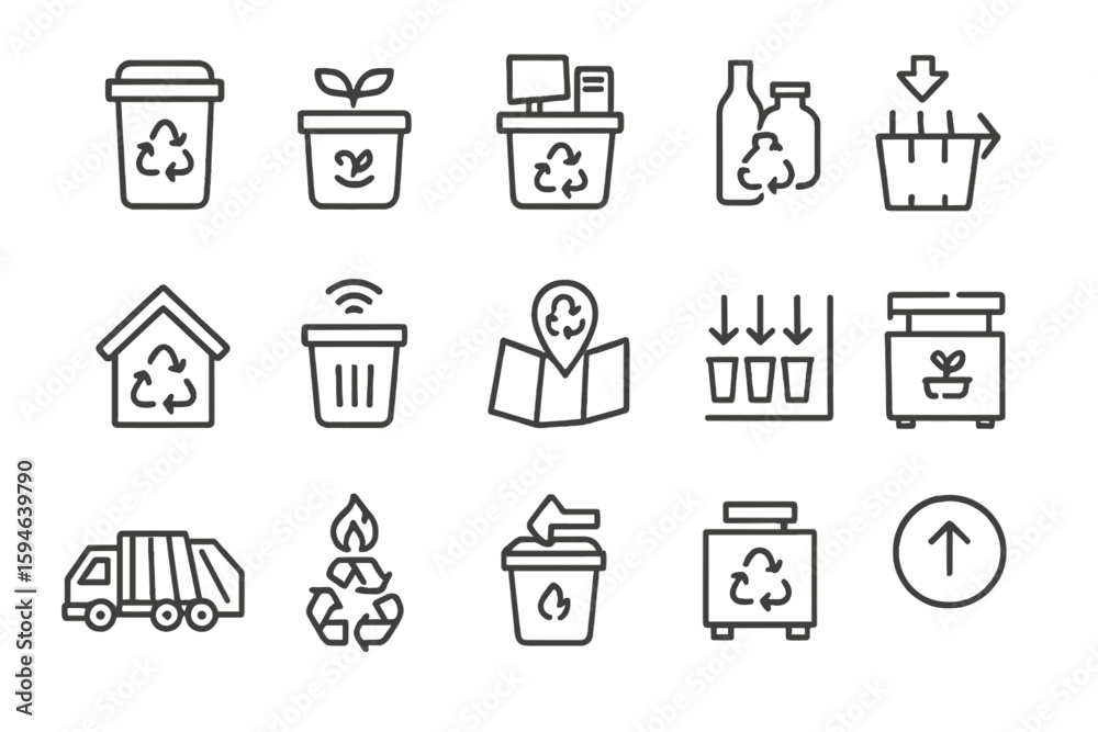 Gray recycling icons on metal background: bins, arrows, plants, and more Gray recycling icons on metal background: bins, arrows, plants, and more