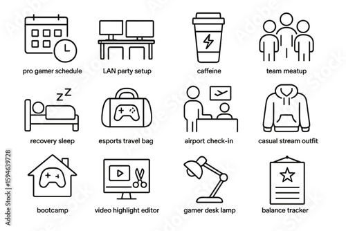 Gaming lifestyle icons: equipment, travel, sleep, outfit, organization