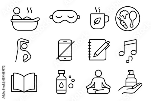 Relaxation and wellness icons: bath, meditation, music, skincare, reading, cooking