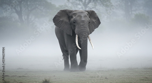 Majestic African elephant stands proudly in a misty, atmospheric environment, facing forward.