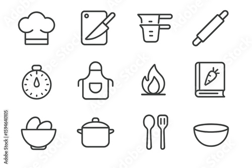 Outlined kitchen utensils: chef, knife, measuring, rolling pin, cookbook icons