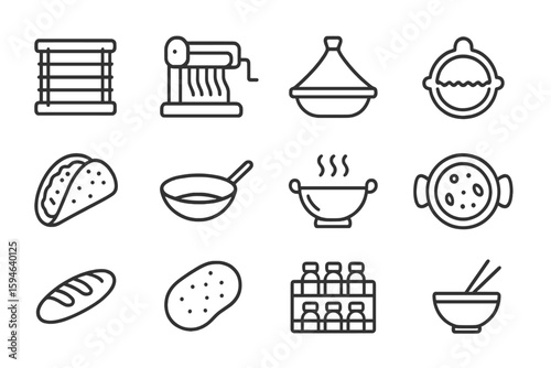 Kitchen utensils and food icons: mixer, tagine, tacos, pot, bread, noodles
